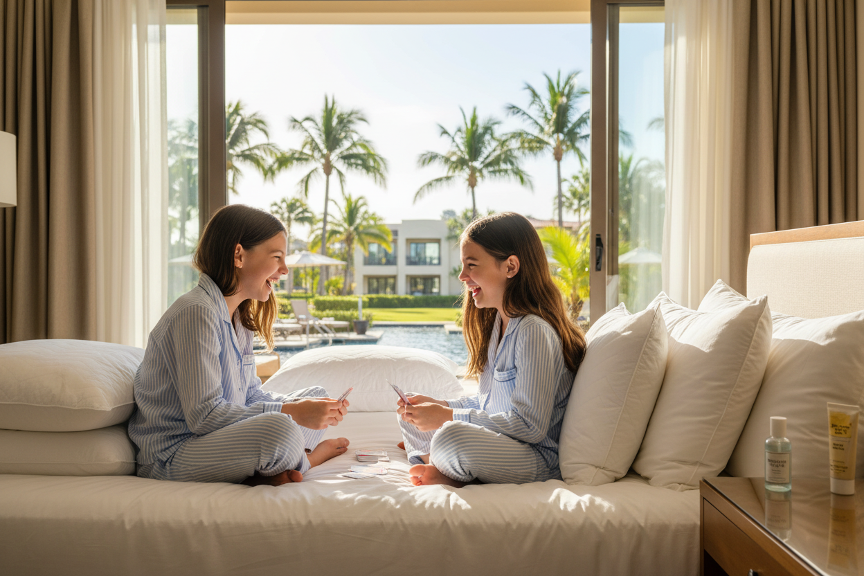 Sisters Playing Cards with luxury pillows