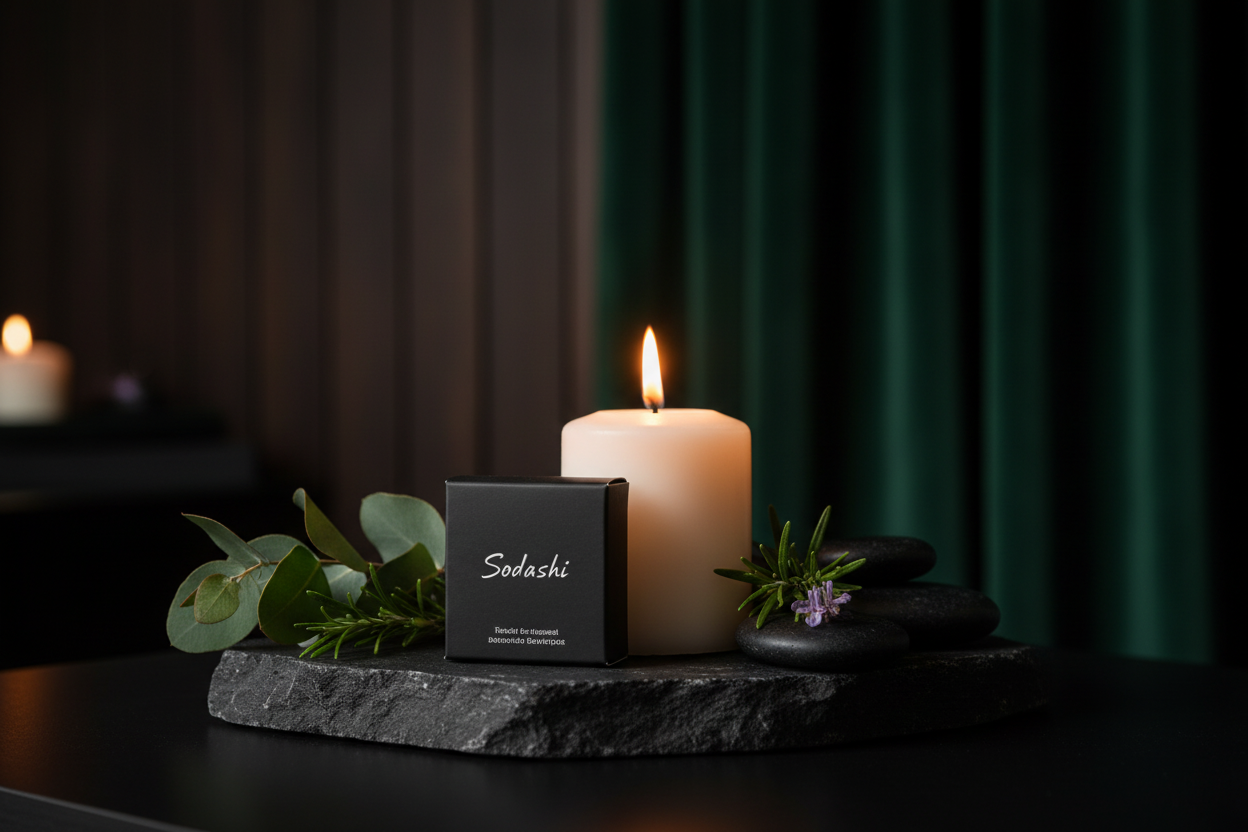 Sodashi Botanical Cleansing Bar on dark stone spa tray with candle and botanicals