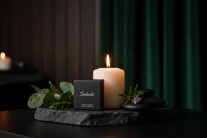 Sodashi Botanical Cleansing Bar on dark stone spa tray with candle and botanicals
