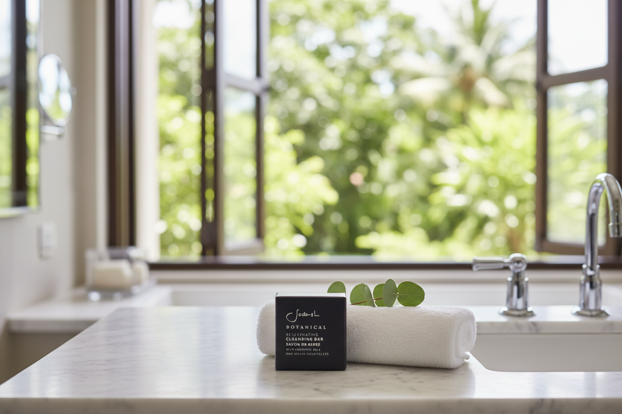 Sodashi Botanical Cleansing Bar on marble spa vanity with garden view
