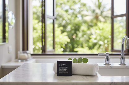 Sodashi Botanical Cleansing Bar on marble spa vanity with garden view