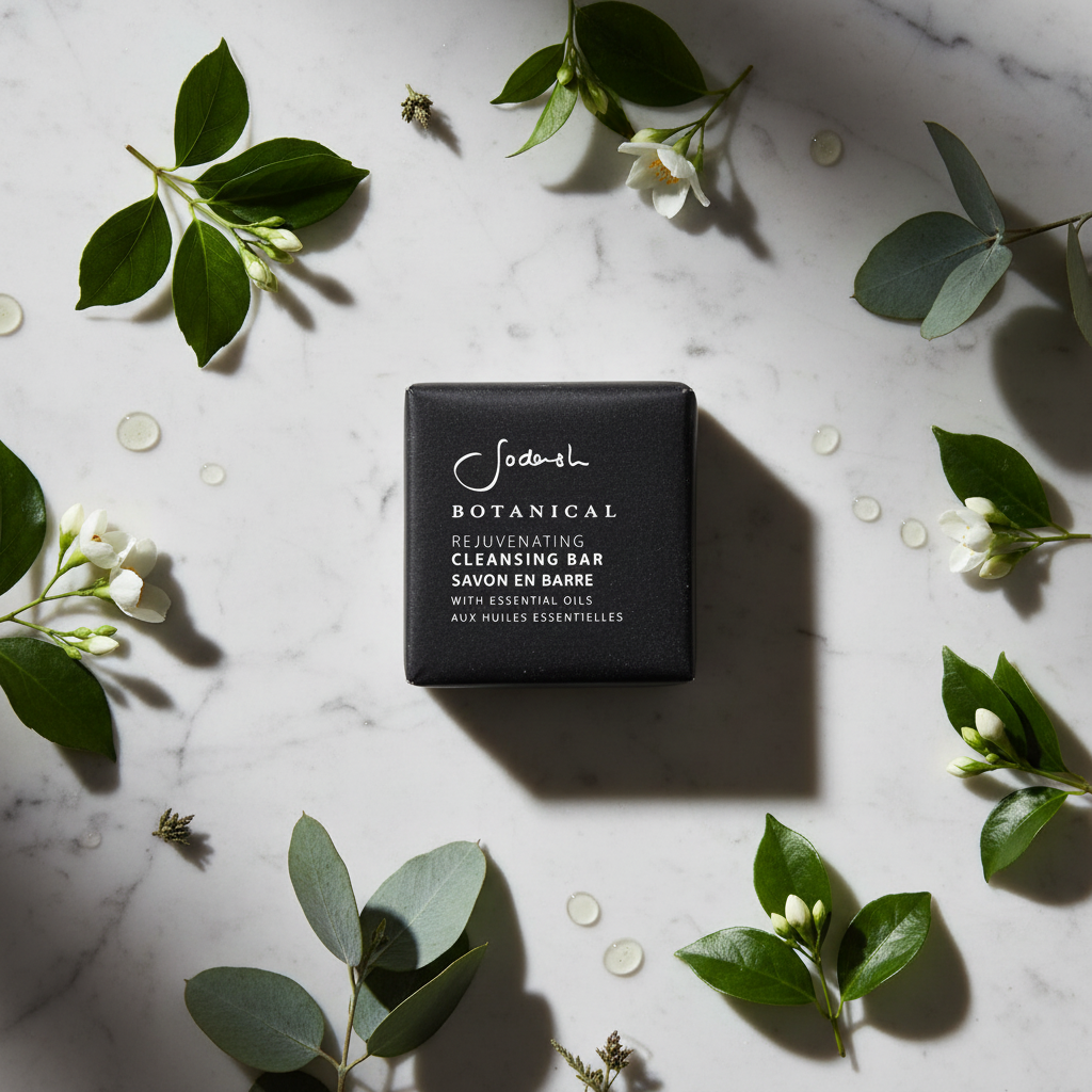 Sodashi Botanical Cleansing Bar flat lay with botanical scent elements
