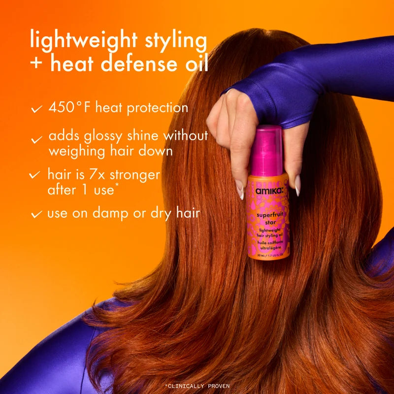 amika superfruit star styling oil benefits: 7x stronger hair and heat protection up to 450°F