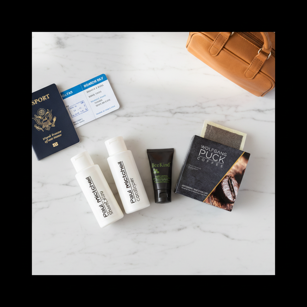 Travel Essentials Bundle featuring grooming products, coffee, passport, and travel documents.