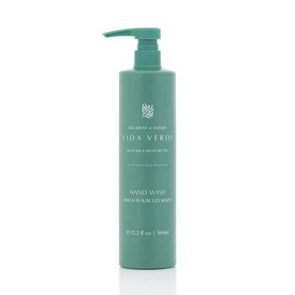 Vida Verde Hand Wash with Matcha and Bancha tea, eco-friendly skin cleanser in green bottle.