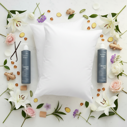 Westin Bed & Bath Set Queen — two Heavenly Bed queen pillows with White Tea Shampoo and Conditioner displayed on white marble, luxury Westin Heavenly collection bundle for queen beds