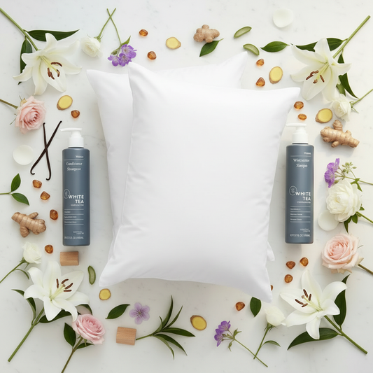 Westin Bed & Bath Set Queen — two Heavenly Bed queen pillows with White Tea Shampoo and Conditioner displayed on white marble, luxury Westin Heavenly collection bundle for queen beds