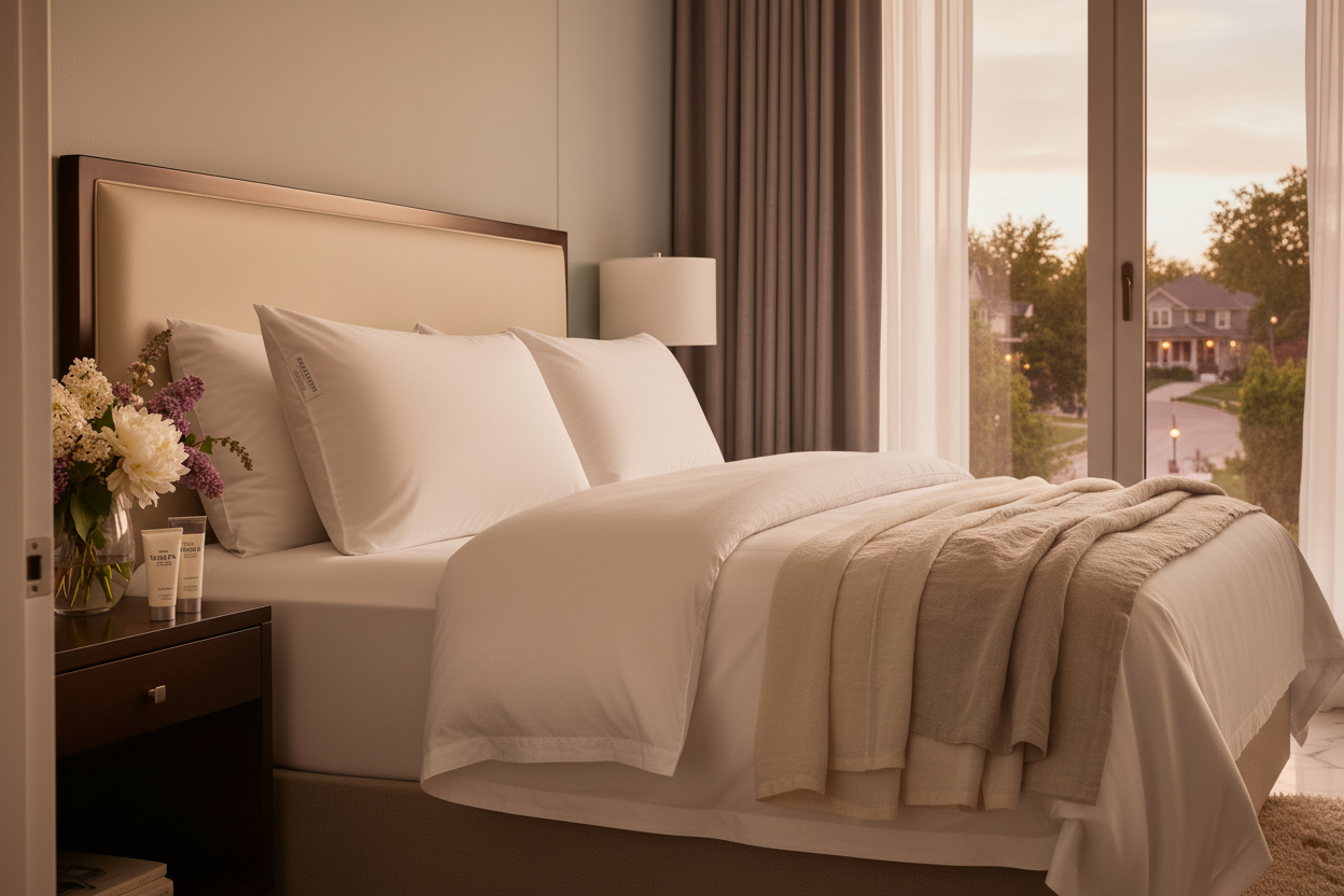 Westin Bed & Bath Set Queen — two plush Heavenly Bed queen pillows on a beautifully styled queen bed with White Tea Shampoo and Conditioner visible in the ensuite shower, warm cozy luxury home bedroom setting