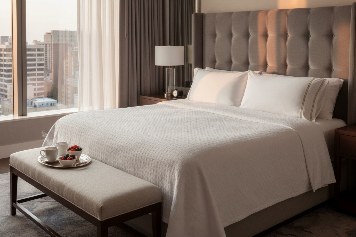 Westin Heavenly Bed king pillows on a luxurious hotel bed with city view, showcasing comfort and elegance.