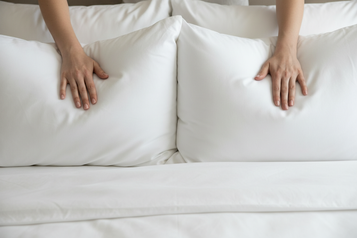 Westin Heavenly Bed king pillows with hands adjusting for optimal comfort and support on a bed.