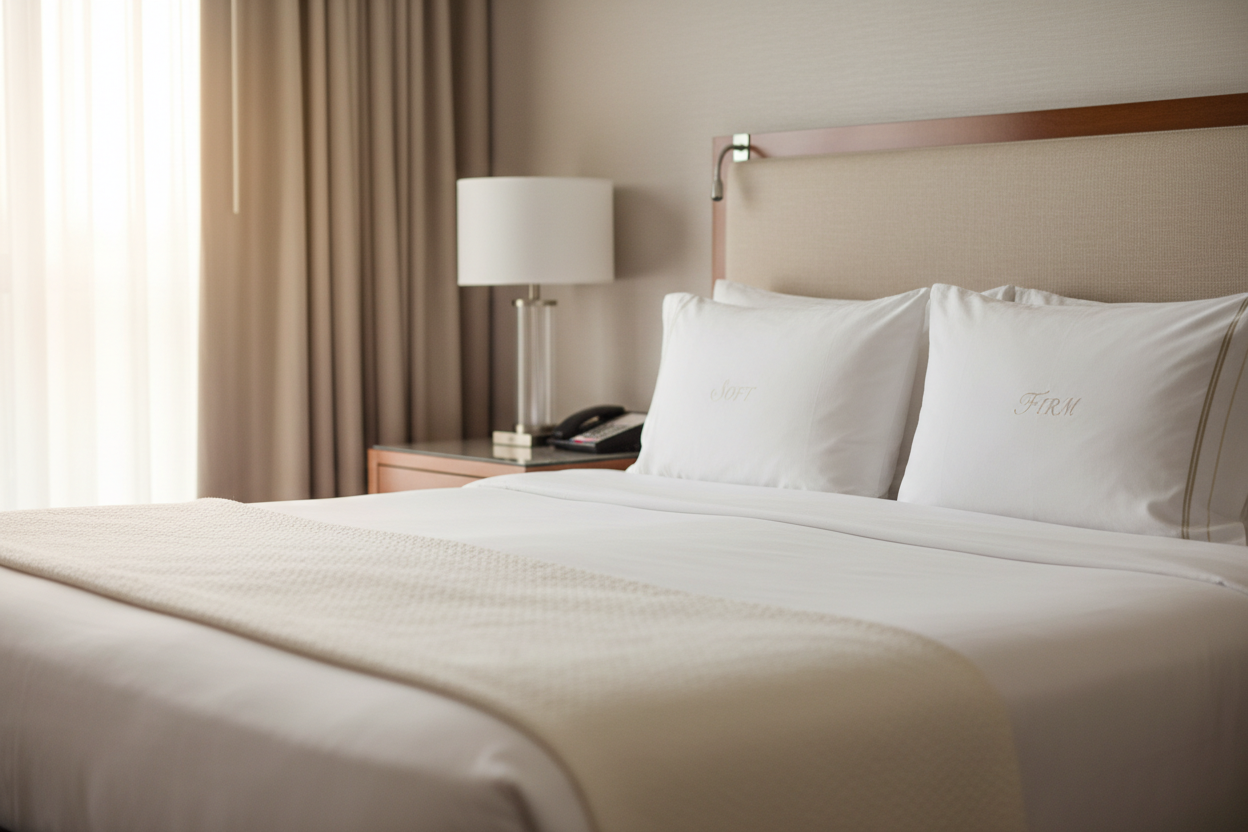 Westin Heavenly Bed king pillows arranged on a neatly made king-size bed in a stylish hotel room.
