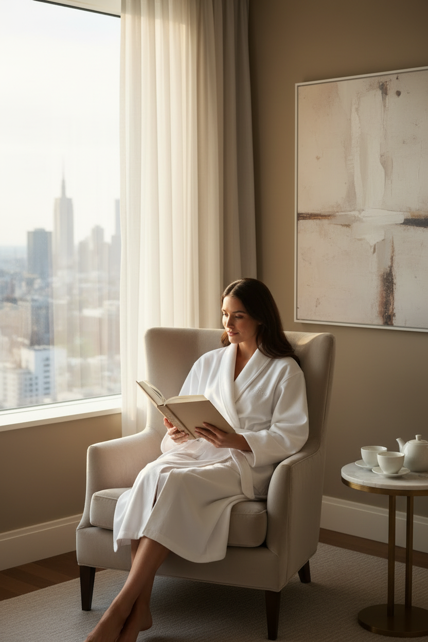 woman in a luxury microfiber hotel robe reading by a window with a city view