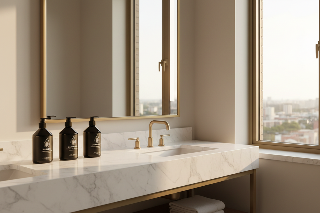 Zenology 4-piece luxury hair and body care set sycamore fig botanicals on white marble as found in Hotel Indigo