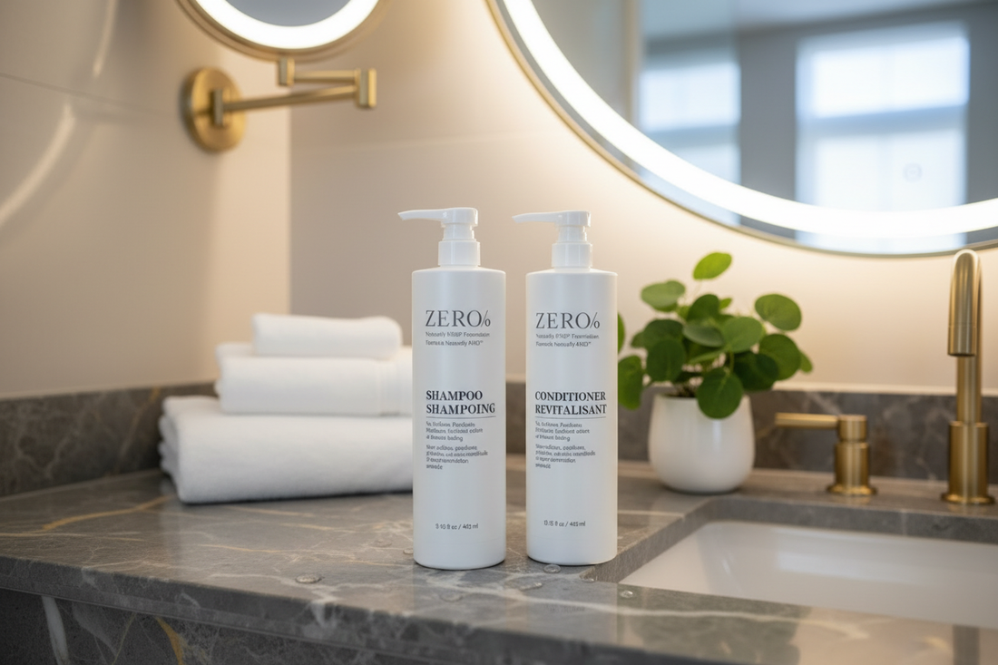 Zero % Naturally Kind Shampoo and Conditioner matching duo — sulfate-free paraben-free clean hair care set with matching bottles displayed on white marble with botanical accents