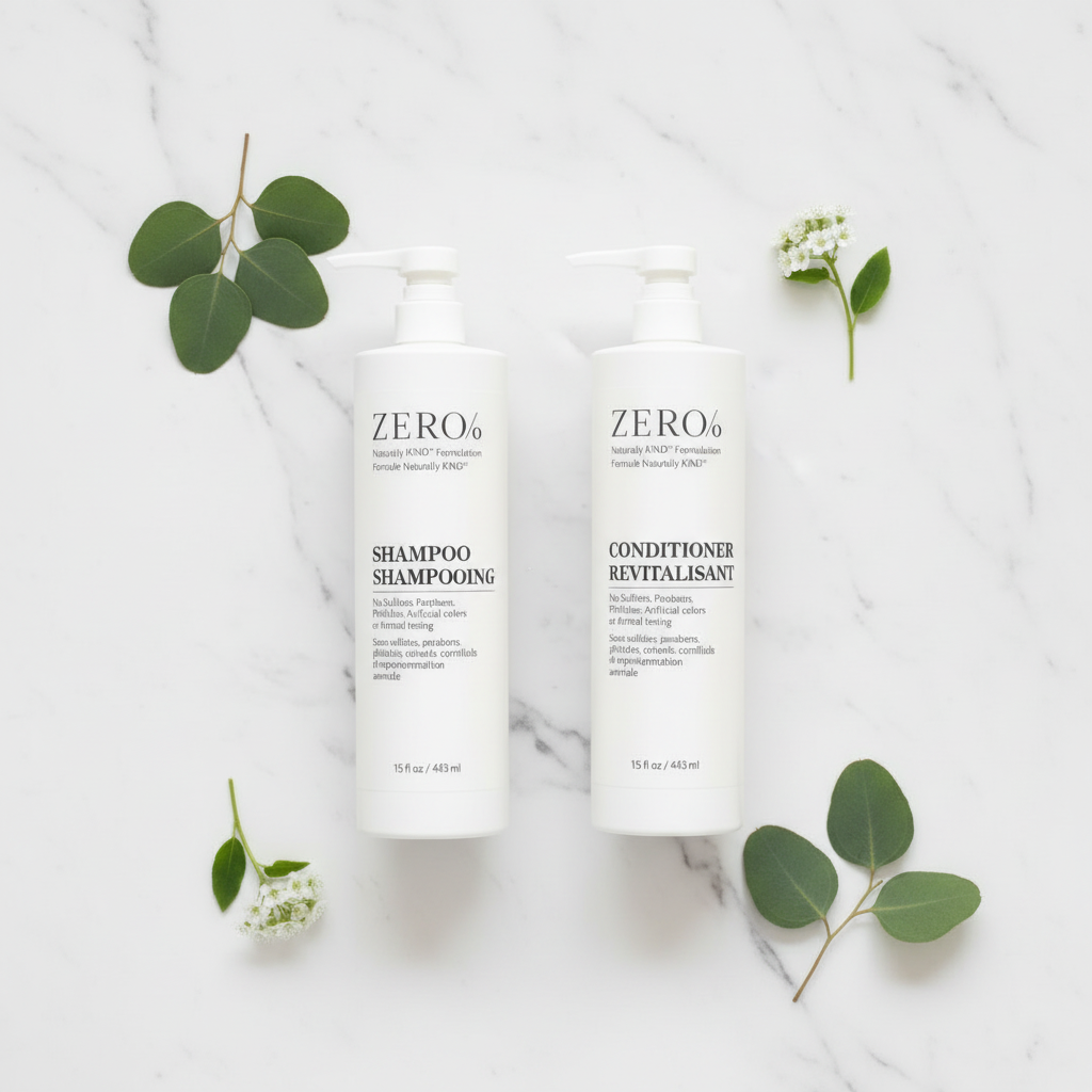 Zero % Naturally Kind Shampoo and Conditioner matching duo — sulfate-free paraben-free clean hair care set with matching bottles displayed on white marble with botanical accents