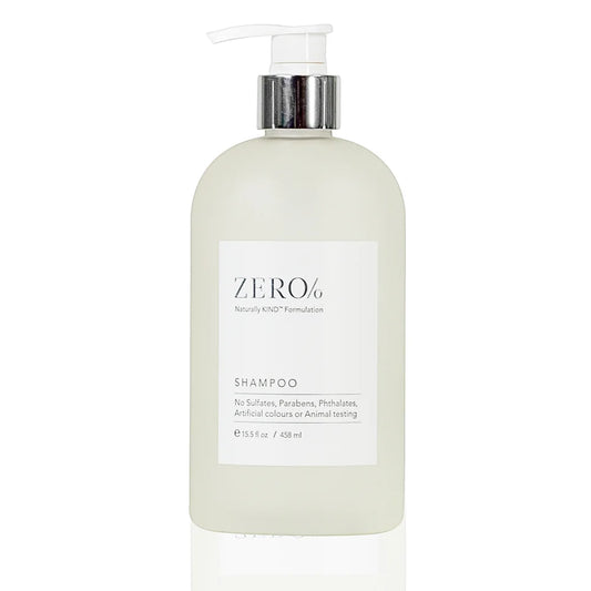 Zero% Shampoo bottle with clean ingredients; free from sulfates, parabens, phthalates, artificial colors, and animal testing.