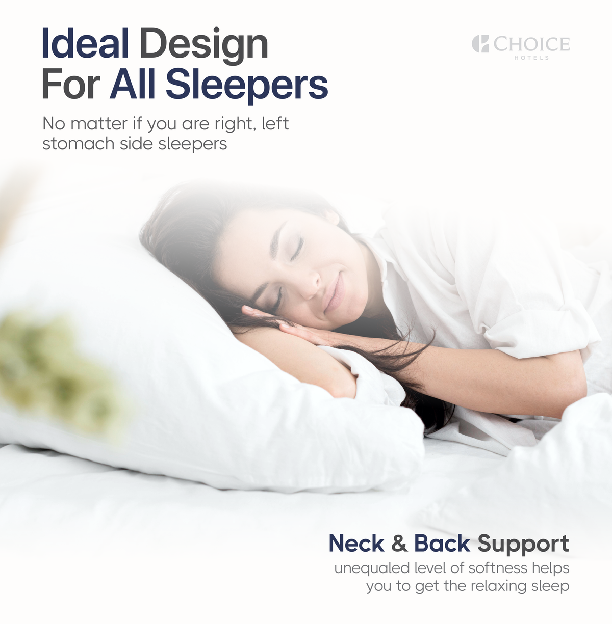 Woman peacefully sleeping on a pillow designed for all sleep positions, highlighting comfort and support.