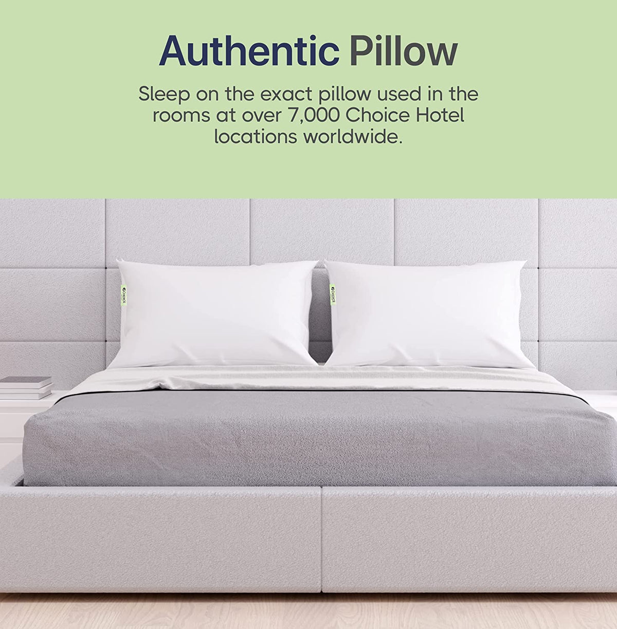 Authentic Choice Hotel pillow on a well-made bed, used in over 7,000 locations worldwide for ultimate comfort.